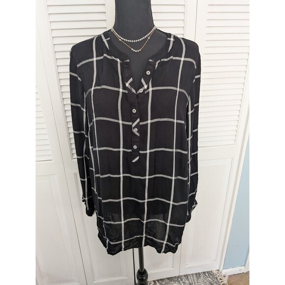 Talbots Blouse Top Shirt Women's L Black White Squares Pullover Plaid Normcorp - Picture 1 of 12